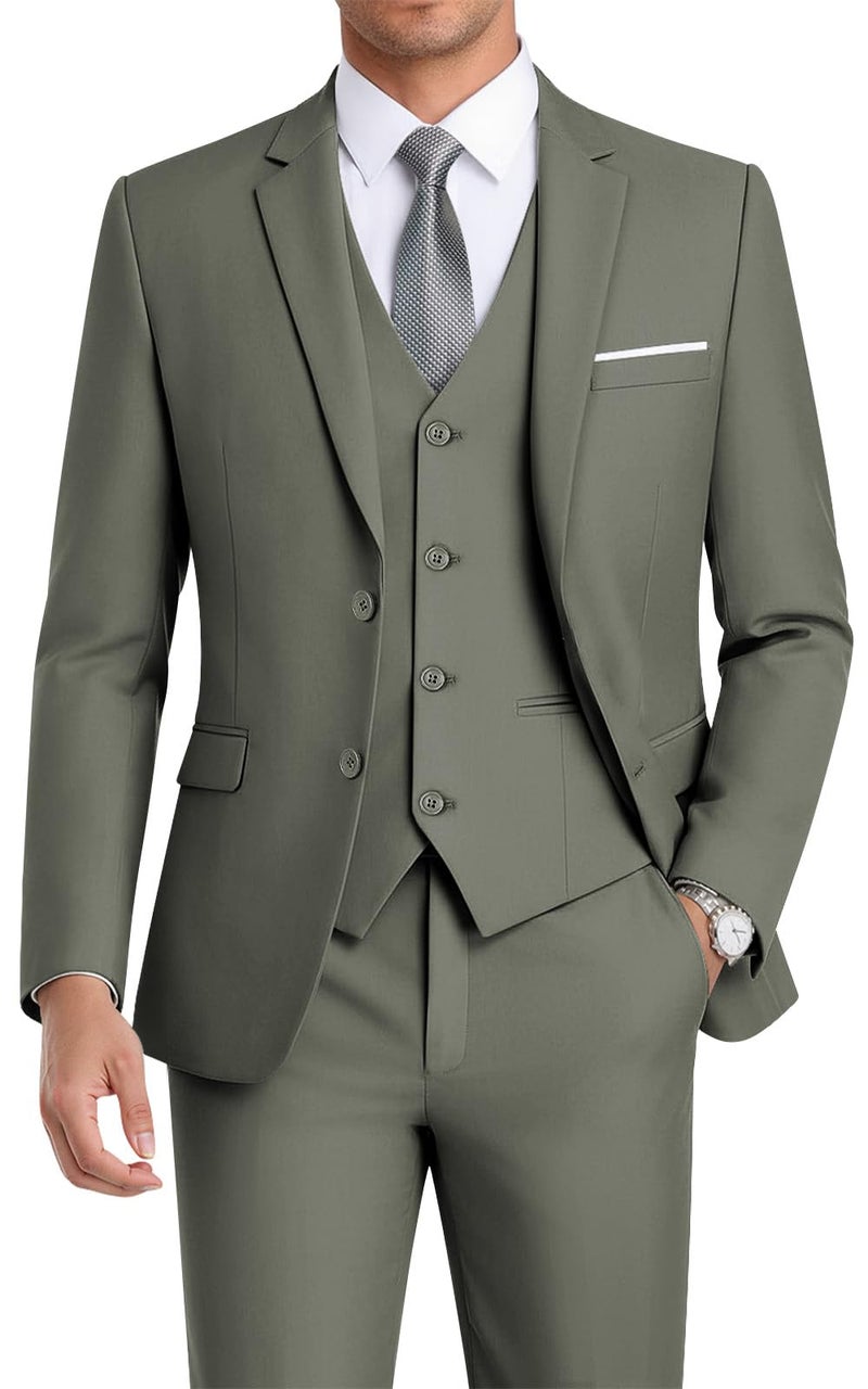 WEEN CHARM Suits for Men,3 Piece Slim Fit Suit Set with 2-Button Blazer,Vest,Pants,Tuxedo for Wedding,Prom,Party,Business Olive Green - Image 1